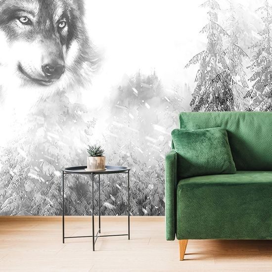 Öntapadó tapéta fekete-fehér festmény egy farkas a téli természetben