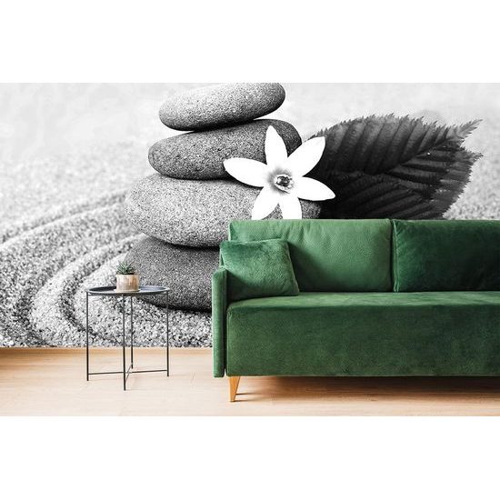 Öntapadó fotótapéta virág zen kövekkel fekete-fehér kivitelben
