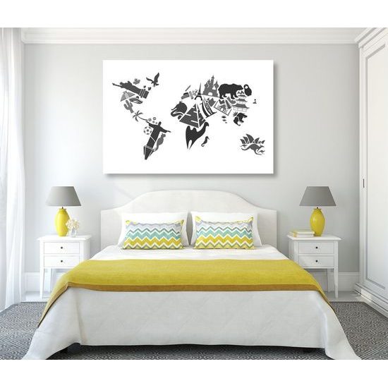 Parafa kép világ fekete-fehér térkép kontinens szimbólumokkal