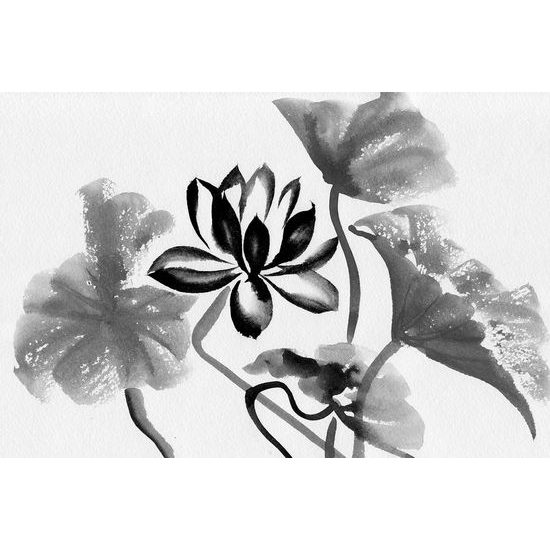 Fekete-fehér lótuszvirág öntapadó tapéta akvarell kivitelben