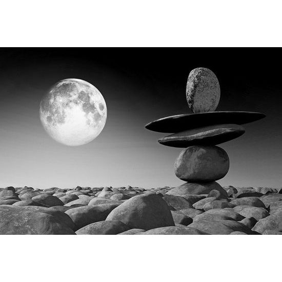 Fotótapéta relaxációs kövek teliholdkor fekete-fehérben
