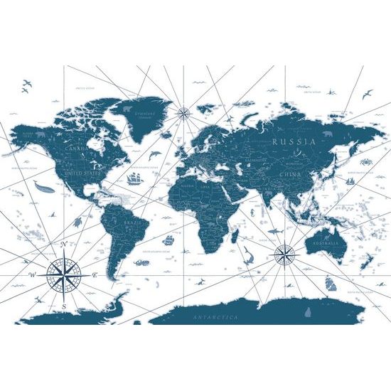 Tapéta történelmi hangulatú világtérkép kék kivitelben