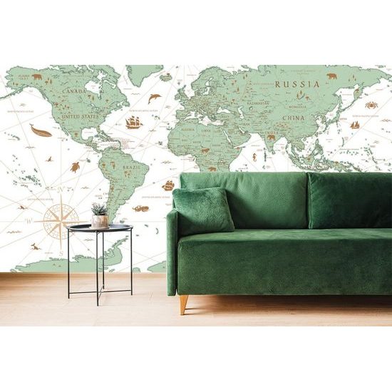 Tapéta történelmi hangulatú világtérkép zöld kivitelben