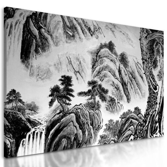 Kép kínai táj fekete-fehér festménye