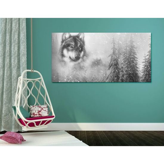 Kép farkas portréja fekete-fehér kivitelben