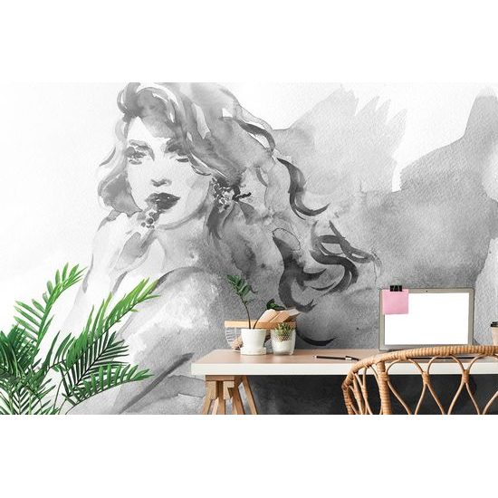 Öntapadó tapéta fekete-fehér portré egy hölgy akvarell design