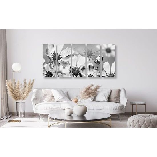 5 részes kép kivirágzott virágokkal teli kert fekete-fehér kivitelben