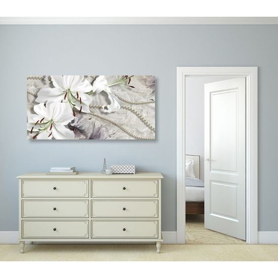 Kép csendélet liliomokkal és gyöngyökkel