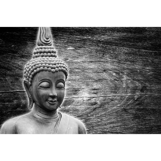 Fotótapéta Buddha fából készült háttérrel fekete-fehérben