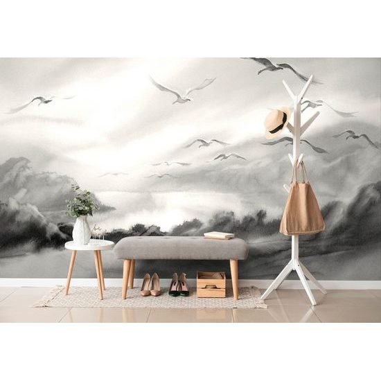 Öntapadó tapéta repülő madarak a tó felett fekete-fehér háttérkép