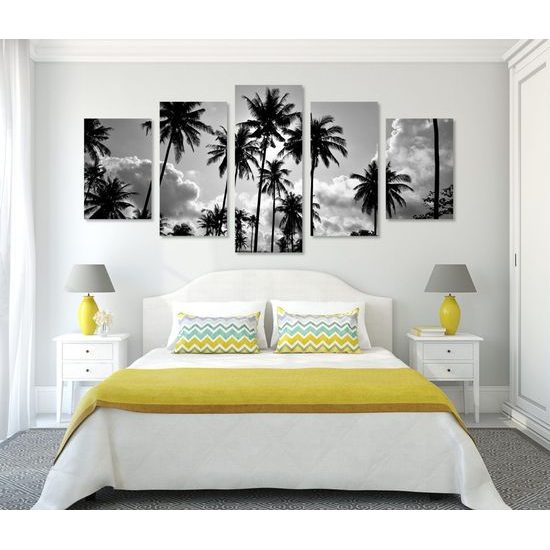 5 részes kép naplemente a trópusi paradicsomban fekete-fehér kivitelben