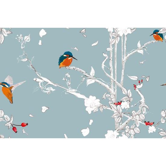 Öntapadó tapéta madarak rózsabokrok kék alapon