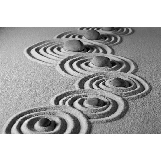 Fotótapéta fekete-fehér homokos körök zen kövekkel