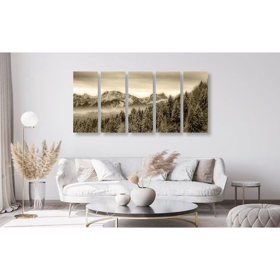 5 részes kép megfagyott erdő szépia kivitelben