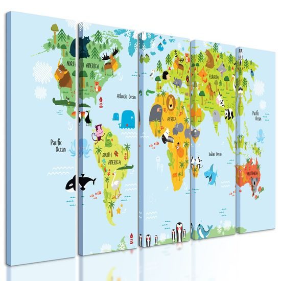 5 részes kép térkép gyerekeknek rajzolt állatkákkal