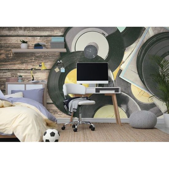 Öntapadó fotótapéta gramofon lemezek egy fából készült háttér