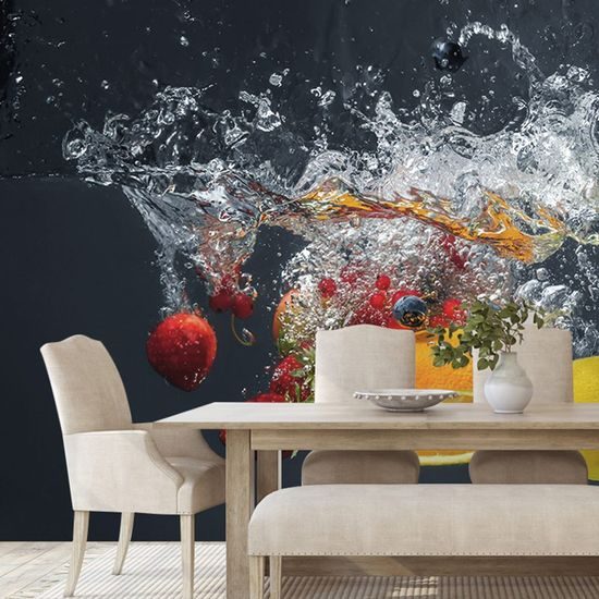 Varázslatos öntapadó fotótapéta vízbe hulló gyümölcs