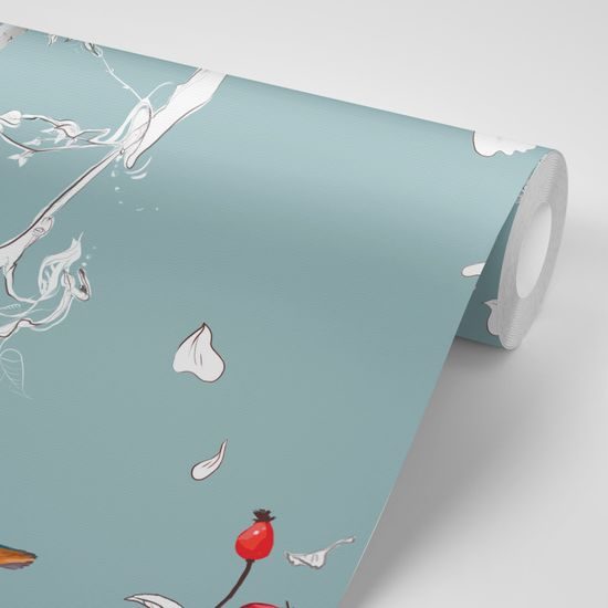 Öntapadó tapéta madarak rózsabokrok kék alapon