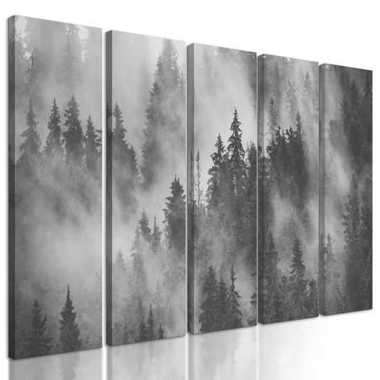 5 részes kép fekete-fehér hegy a reggeli ködben
