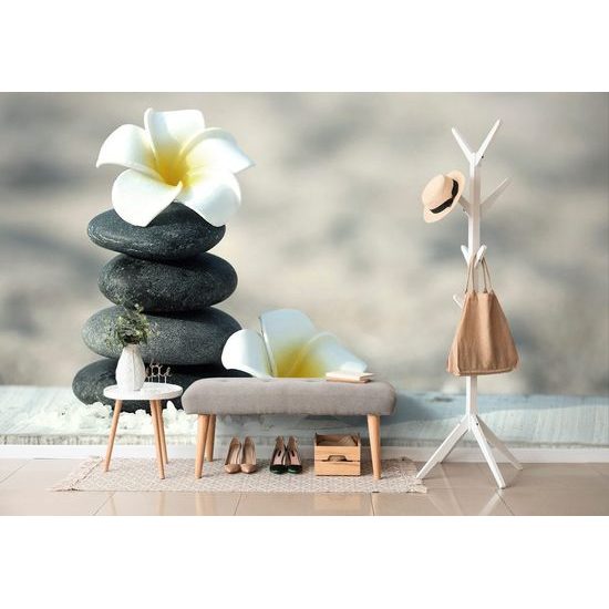 Fotótapéta gyönyörű plumeria virágok kövekkel