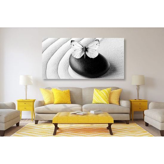 Kép csodálatos fehér pillangó Zen kövön fekete-fehér kivitelben