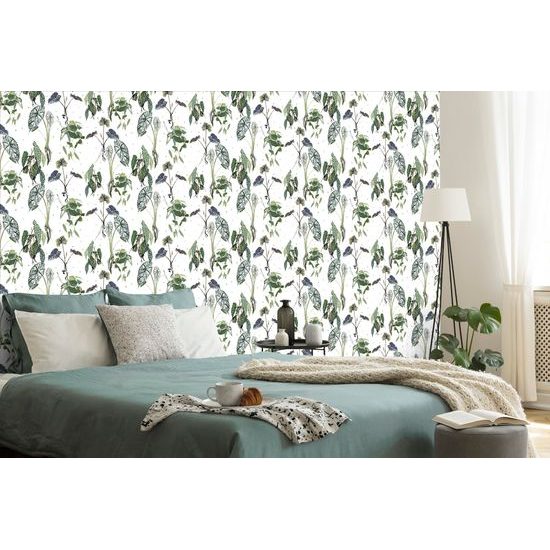 Öntapadó tapéta gyönyörű trópusi növények, fehér alapon