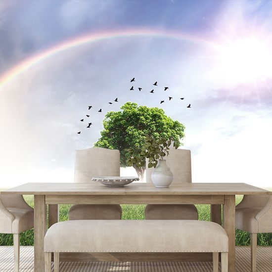 Öntapadó tapéta varázslatos fa a szivárvány alatt