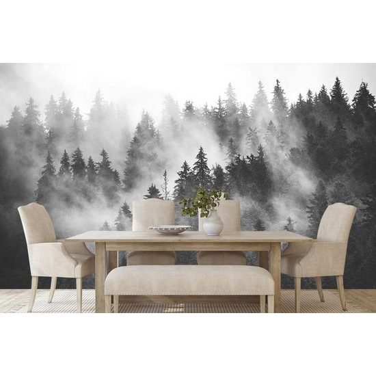 Öntapadó fotótapéta fekete-fehér fák ködbe burkolózva