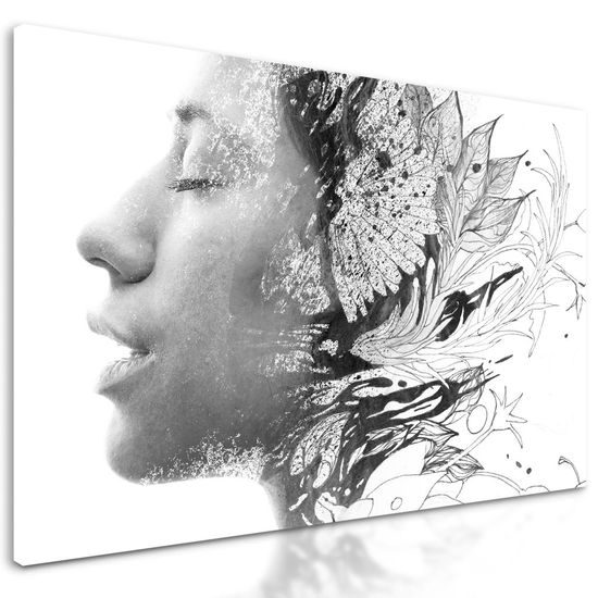Kép nő és természet egyesülése fekete-fehér kivitelben
