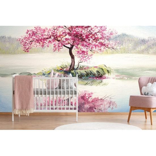 Öntapadó tapéta keleti cseresznye a tó ölelésében