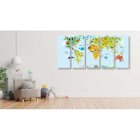 5 részes kép térkép gyerekeknek rajzolt állatkákkal