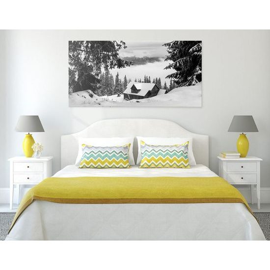 Kép fekete-fehér házikó a havas természet ölében