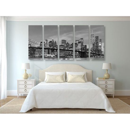 5 részes kép brooklyn-i híd éjjeli látványa fekete-fehér kivitelben