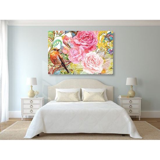 Kép madárka és pünkösdi rózsa vintage kivitelben