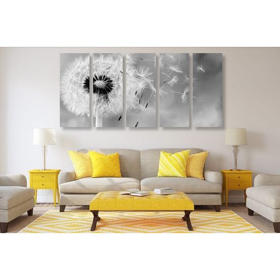 5 részes kép fekete-fehér pitypang a szélben