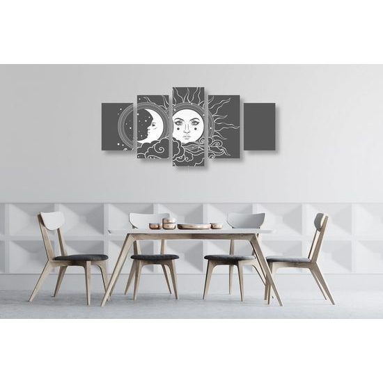 5 részes kép nap és hold szimbóluma fekete-fehér kivitelben