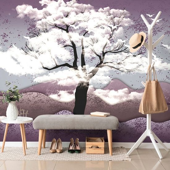 Öntapadó tapéta fa a felhőkben a lila tájon