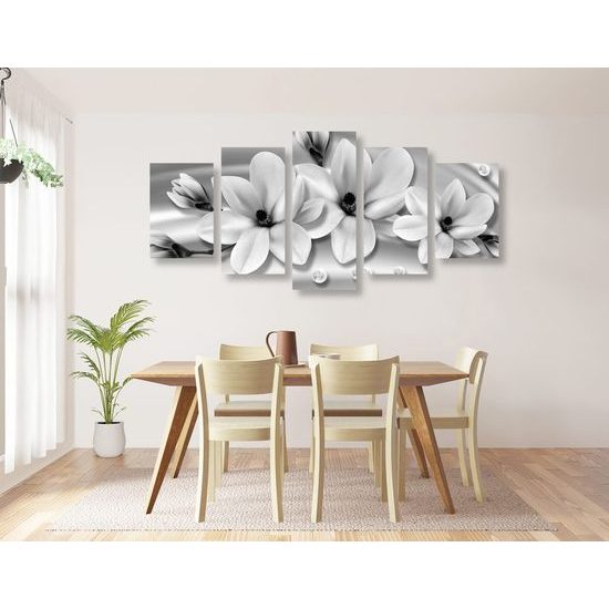 5 részes kép fekete-fehér luxus virágok bronz háttéren
