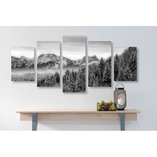 5 részes kép megfagyott erdő fekete-fehér kivitelben
