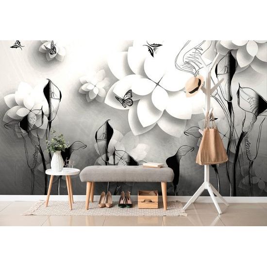 Öntapadó tapéta érdekes absztrakt virágok fekete-fehér kivitelben