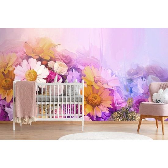 Tapéta olajfestmény virágokról pasztell árnyalatokban