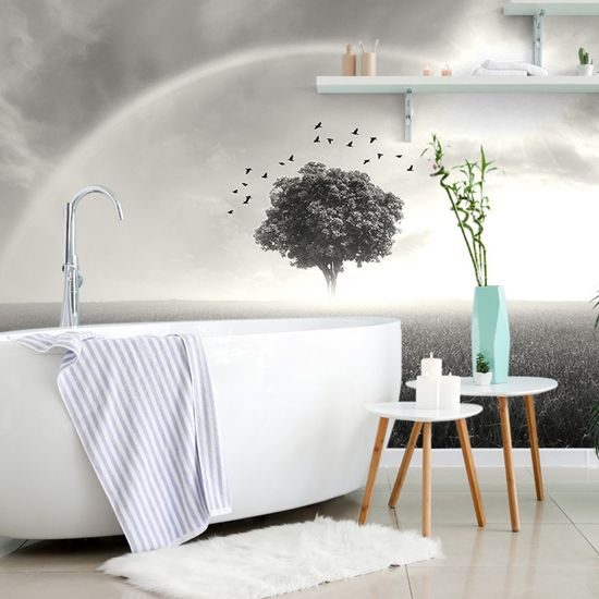 Tapéta varázslatos fa a szivárvány alatt fekete-fehérben