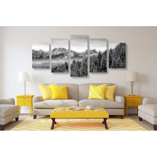 5 részes kép megfagyott erdő fekete-fehér kivitelben