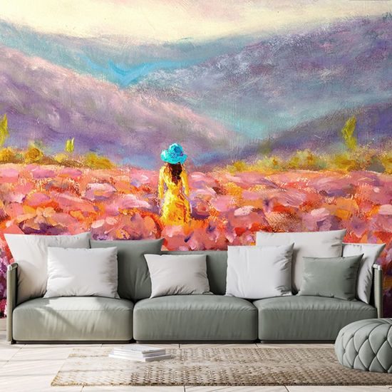 Tapéta festmény egy nő egy virágos rét közepén