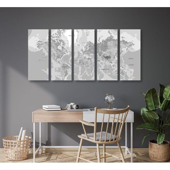 5 részes kép földrajzi világtérkép fekete-fehér kivitelben