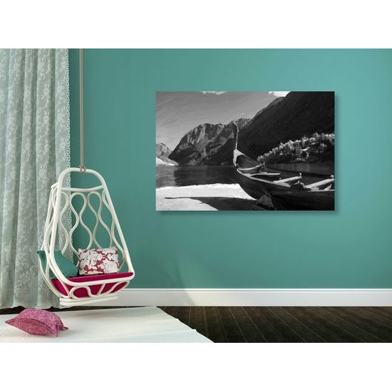 Kép festett vikinghajó fekete-fehér kivitelben