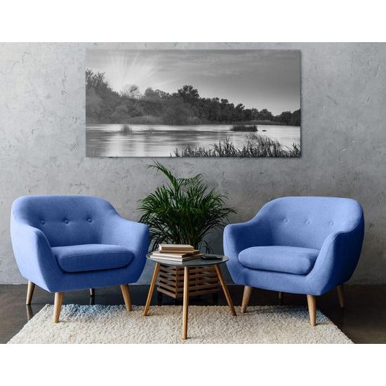 Kép napsugarak a tó felett fekete-fehér kivitelben