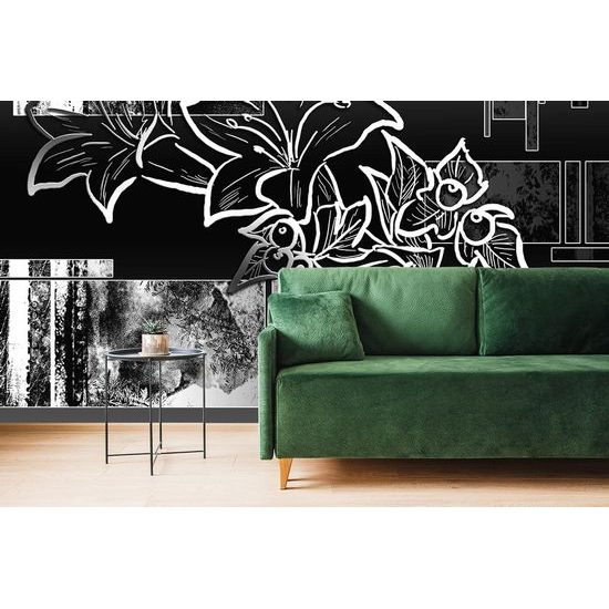 Öntapadó tapéta fekete-fehér rajz virágok egy absztrakt háttér
