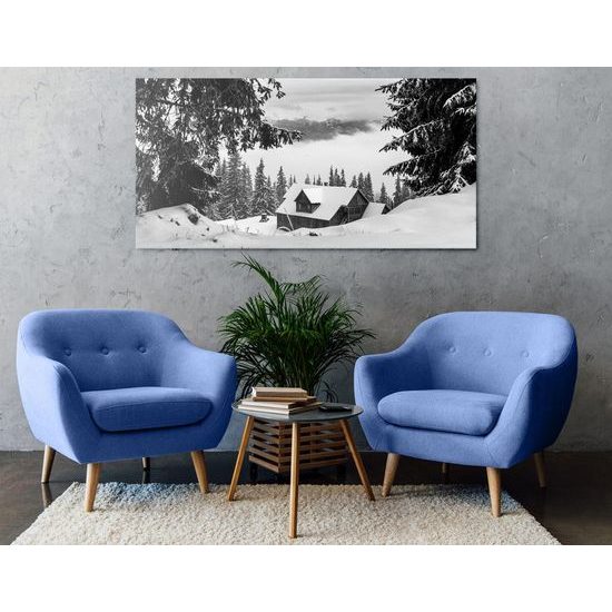 Kép fekete-fehér házikó a havas természet ölében