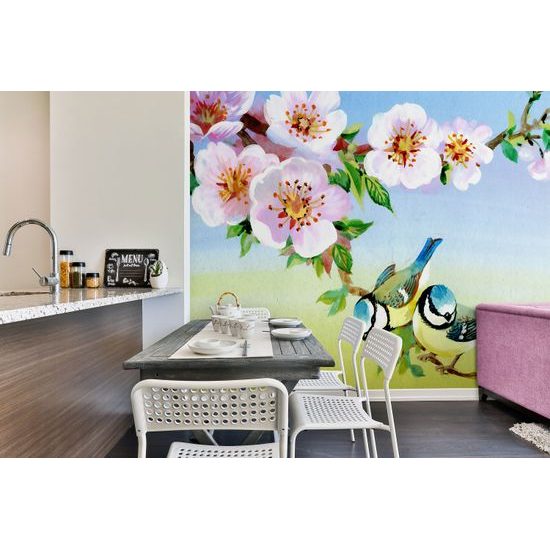 Öntapadó tapéta egy cinege ül egy ágon virágokkal